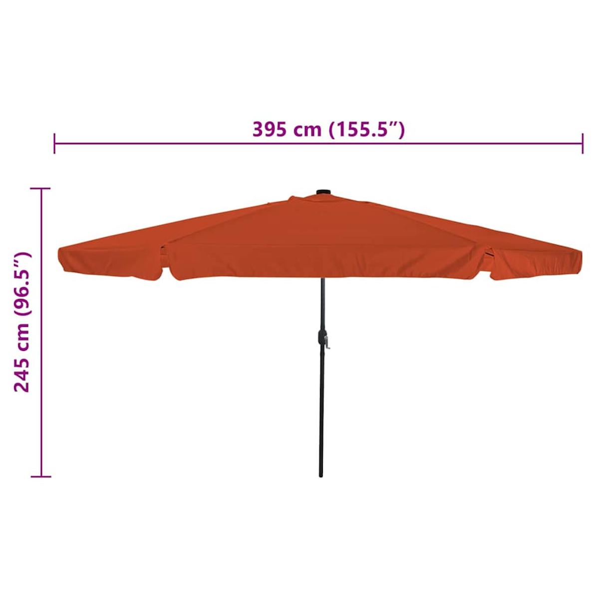 Un ombrellone arancione aperto con dimensioni: 395 cm di larghezza, 245 cm di altezza, con un palo nero.
