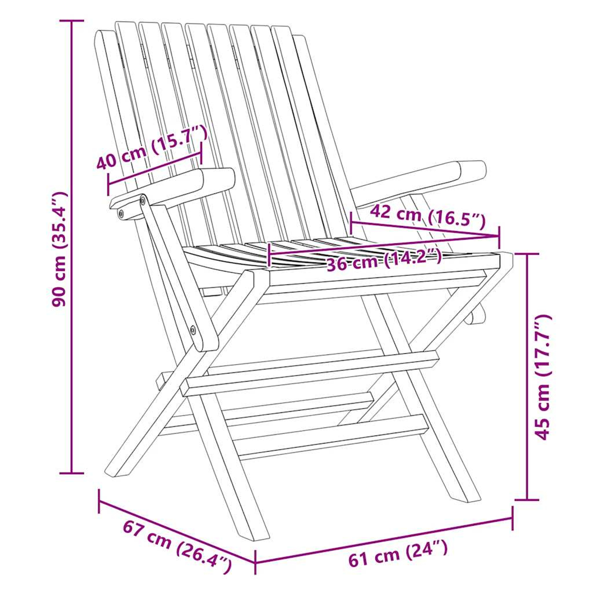 Diagramm eines hölzernen Klappstuhls mit Abmessungen. Der Stuhl ist aus Holz und hat Armlehnen.