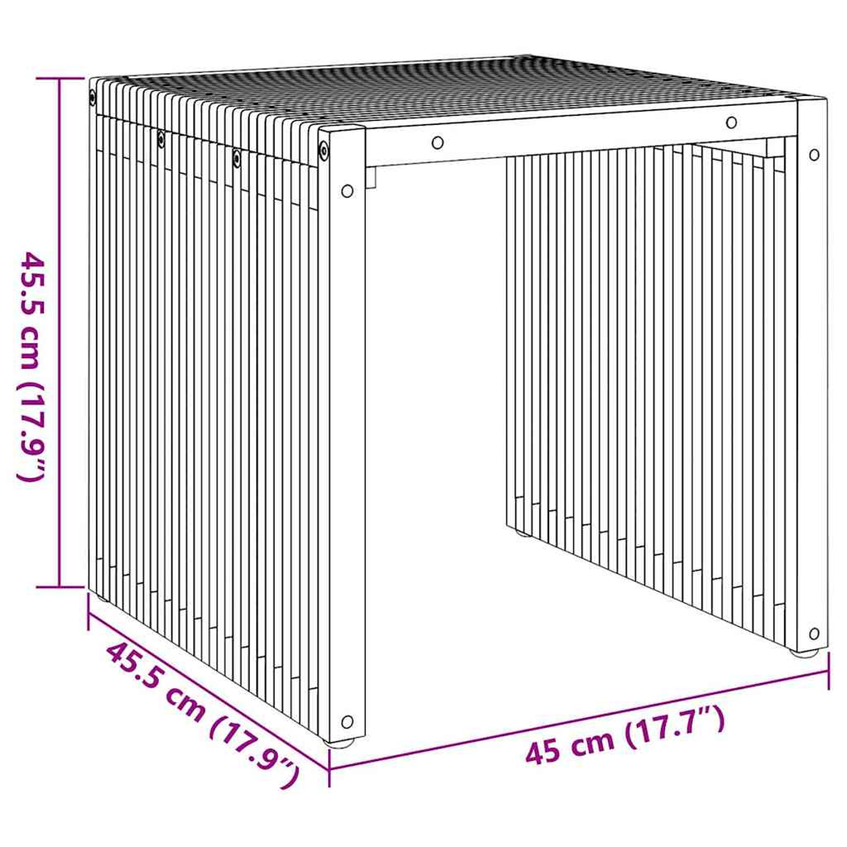 Ein quadratischer Holzbeistelltisch, Abmessungen angegeben.