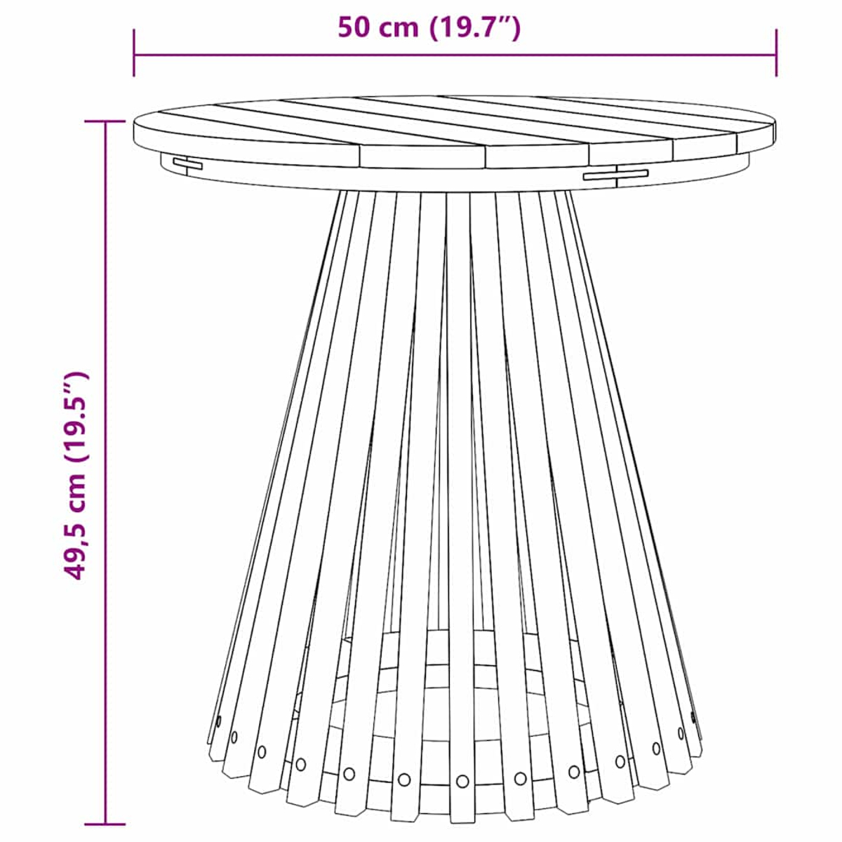 Una pequeña mesa redonda de madera con base de listones se muestra con medidas.