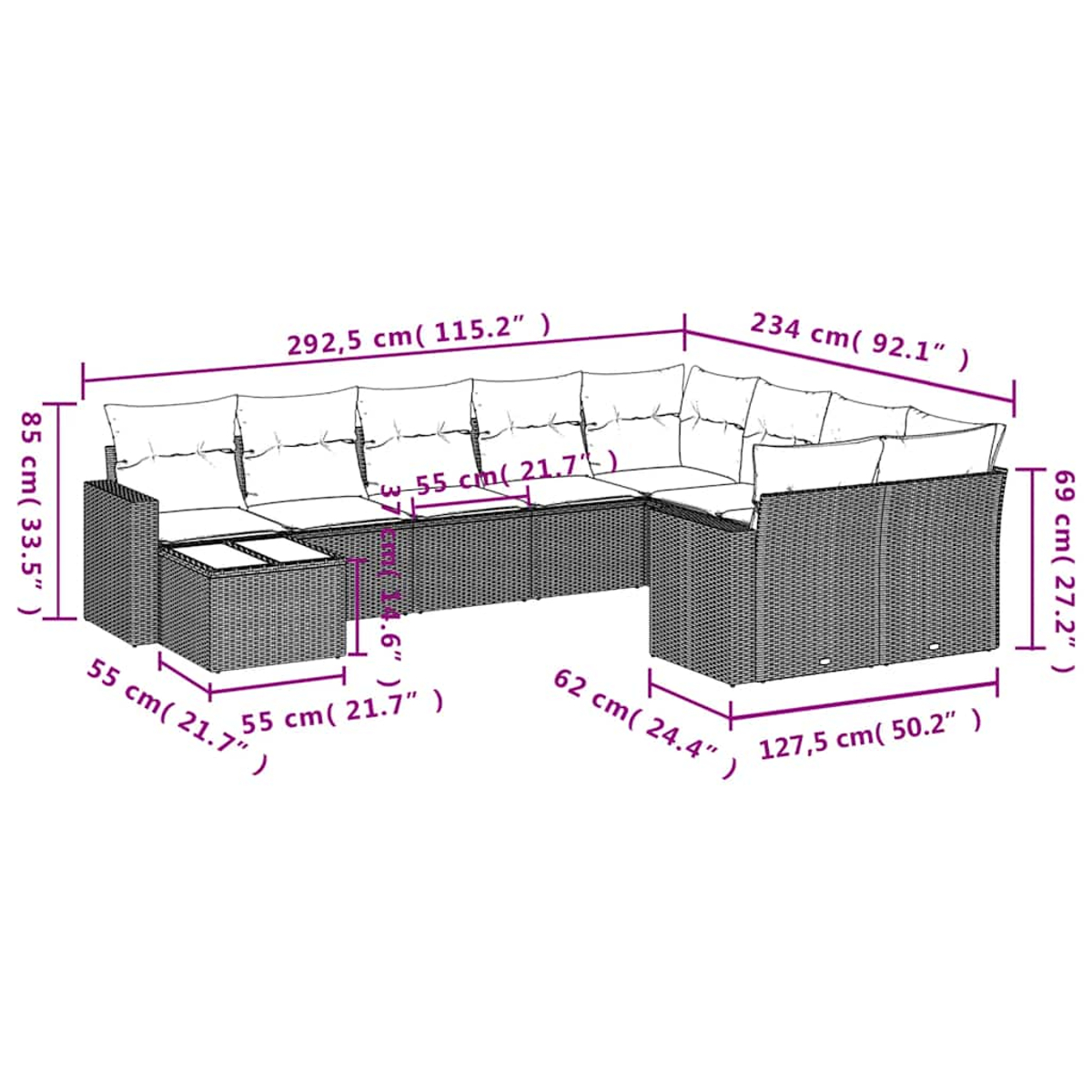 Diagramm mit Maßen eines Ecksofas für den Außenbereich. Zeigt Abmessungen in Zentimetern und Zoll.