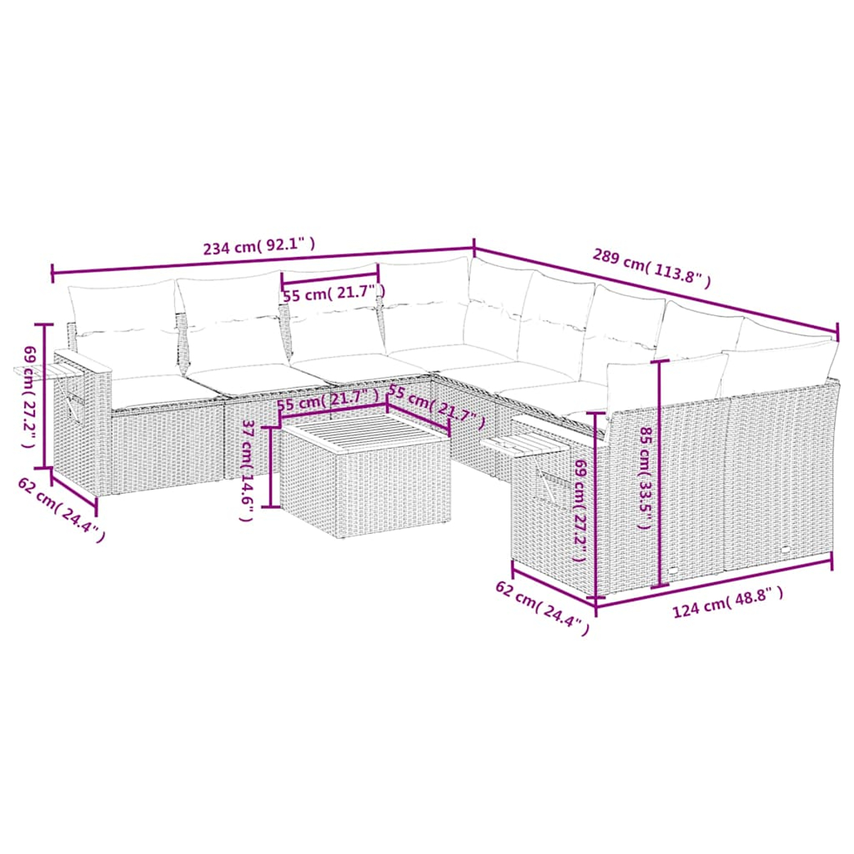 Diagrama que muestra las dimensiones de un juego de asientos de exterior de ratán en forma de L. Incluye una mesa de centro y medidas.
