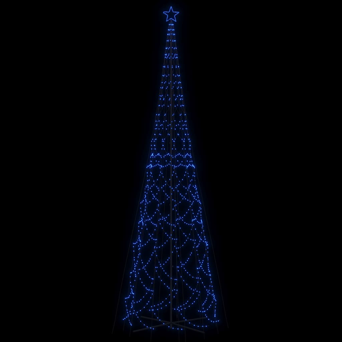 Ein hoher, beleuchteter Weihnachtsbaum aus blauen Lichtern auf schwarzem Hintergrund, mit einem Stern oben.