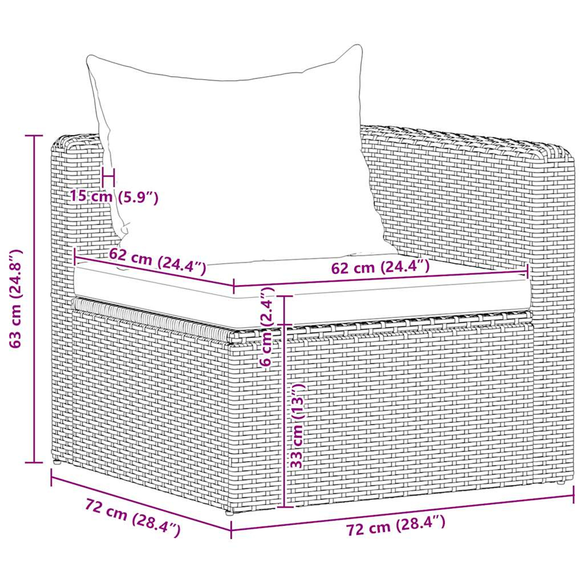 Diagramm eines Einzel-Rattanstuhls mit Abmessungen. Enthält ein Kissen und eine Rückenlehne, die Messungen zeigen.