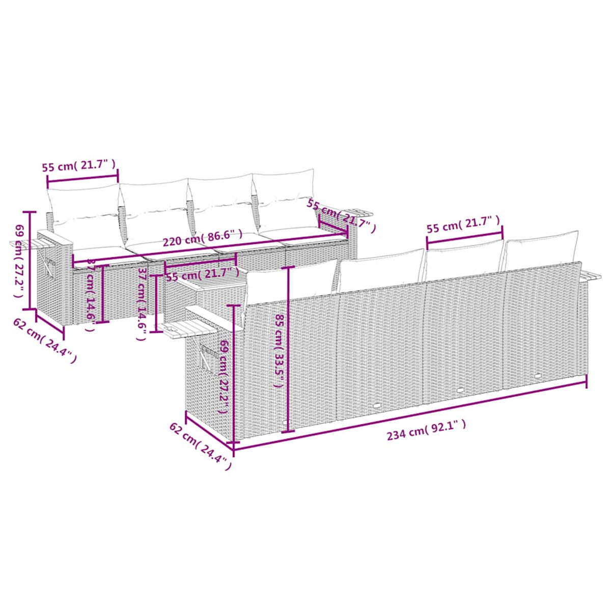 Diagramm mit den Abmessungen eines Outdoor-Geflecht-Ecksofas mit Kissen.