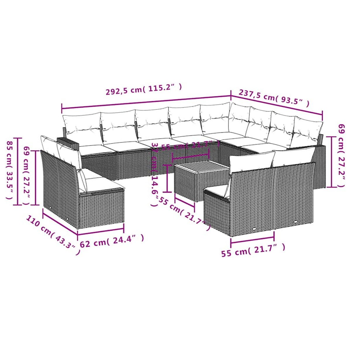 Ein großes U-förmiges Outdoor-Ecksofa mit weißen Kissen. Maße sind angegeben.