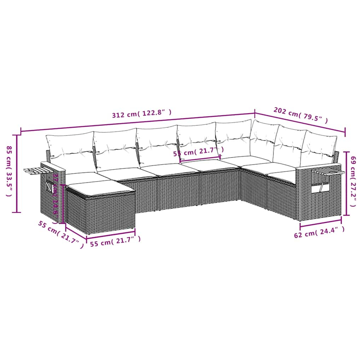 Ein großes U-förmiges Sofa mit weißen Kissen. Maße in cm und Zoll sind angegeben.