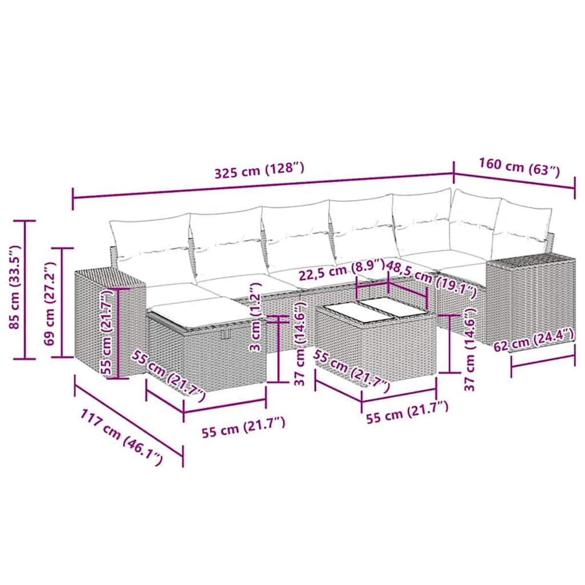 Ein großes Outdoor-Ecksofa mit weißen Kissen. Maße in cm und Zoll sind angegeben.