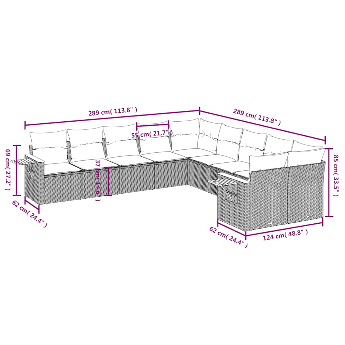 Ein Diagramm zeigt die Abmessungen eines Ecksofas mit Kissen, beschriftet in Zentimetern und Zoll.