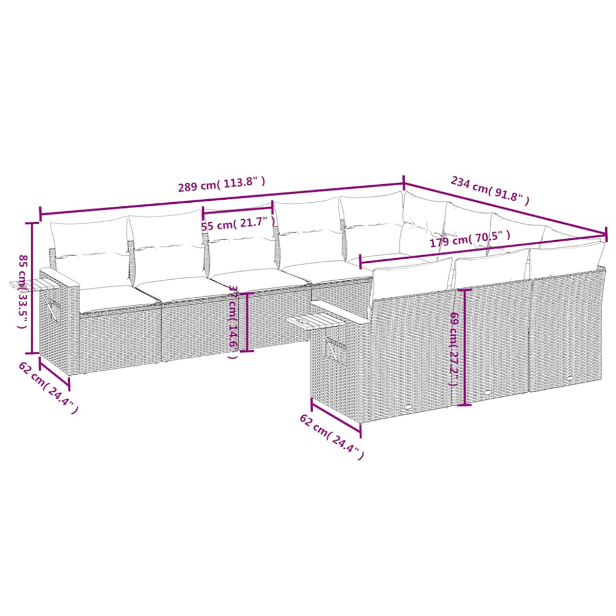 Ein Diagramm zeigt die Abmessungen eines Ecksofas mit Kissen, beschriftet in Zentimetern und Zoll.