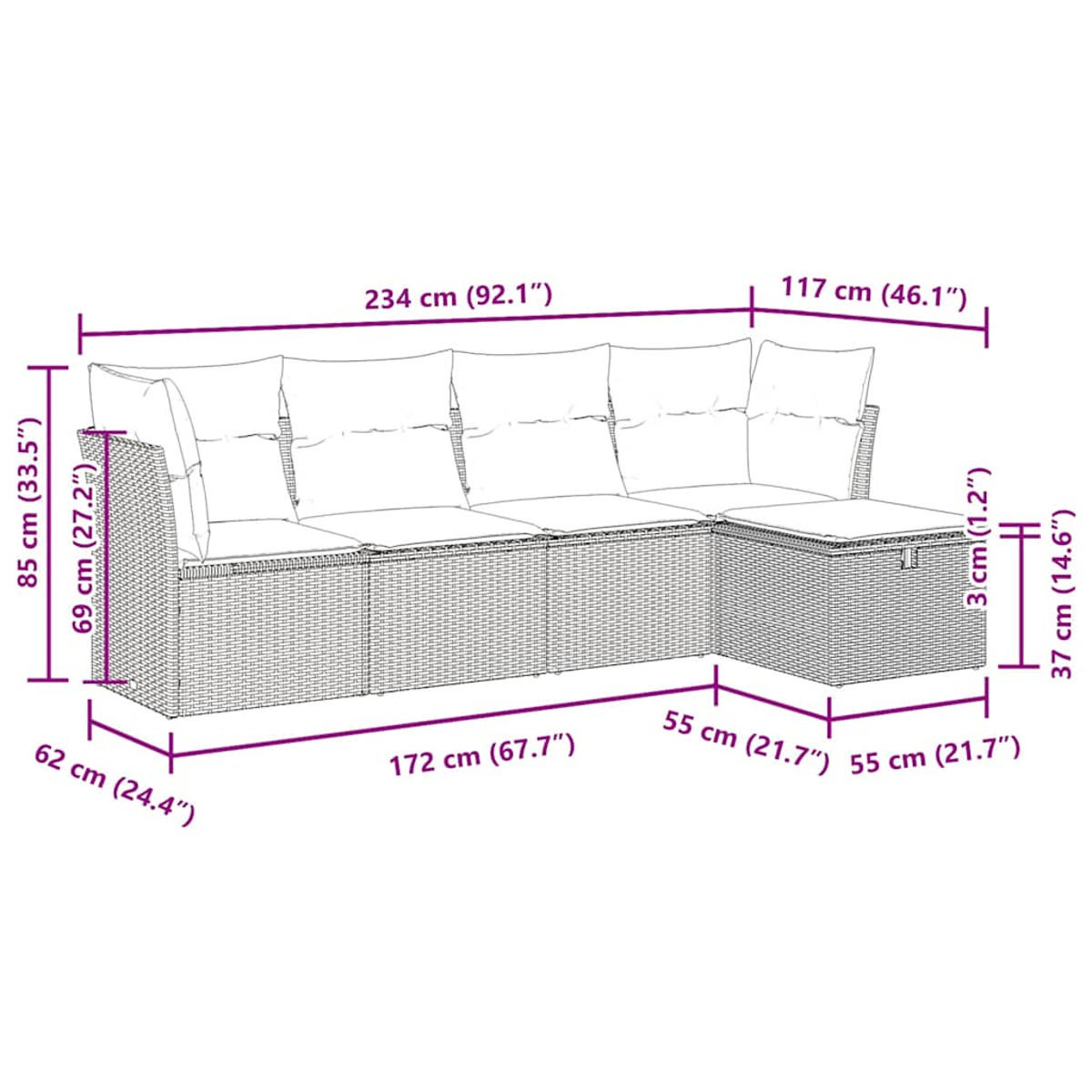 Ein Diagramm zeigt die Abmessungen eines Ecksofas mit Kissen, beschriftet in Zentimetern und Zoll.