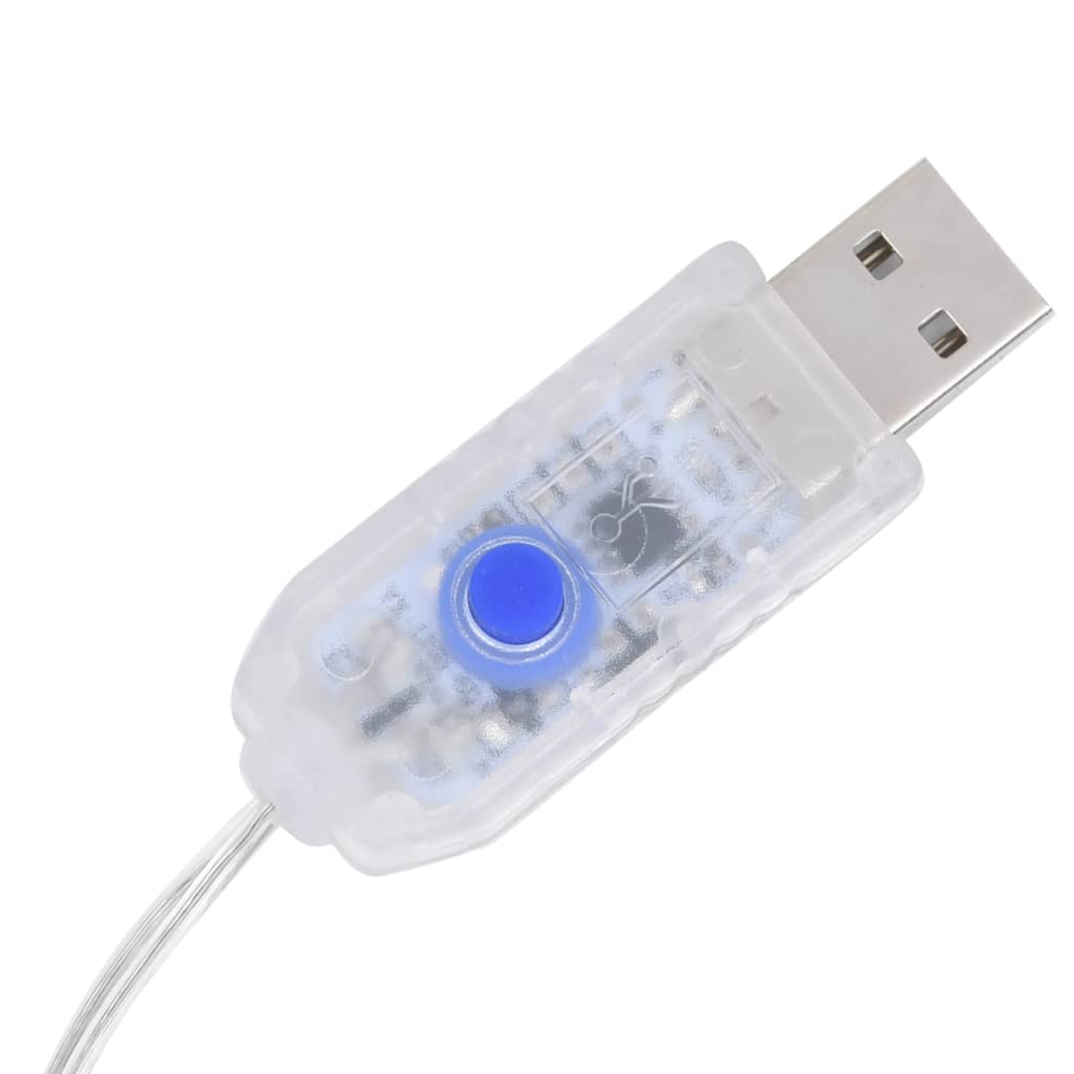 Ein USB-Anschluss mit einer transparenten Kunststoff-Steuerbox und einem blauen Knopf.