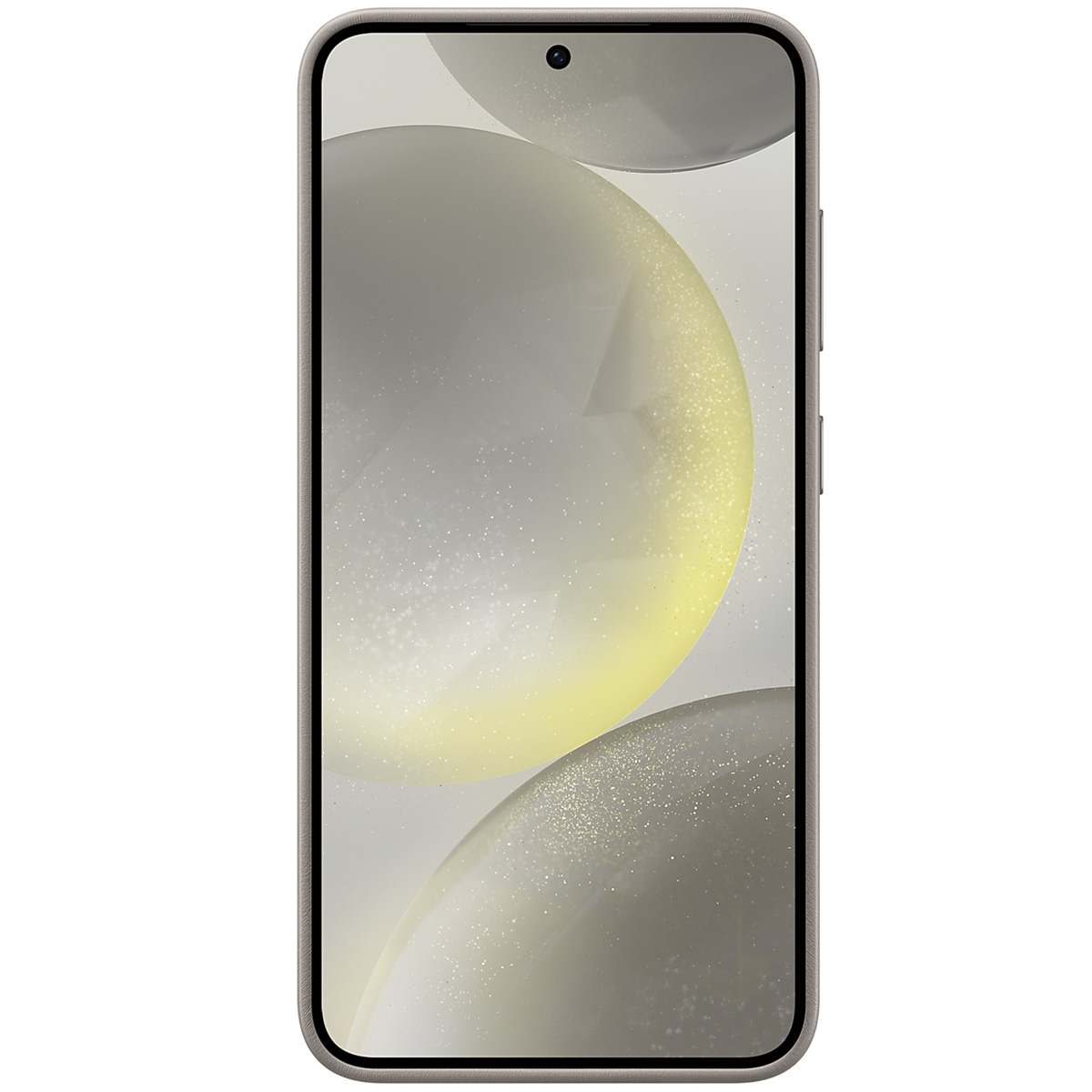 Een smartphone met een lichtgekleurde hoes met een abstracte afbeelding met zwevende bollen.