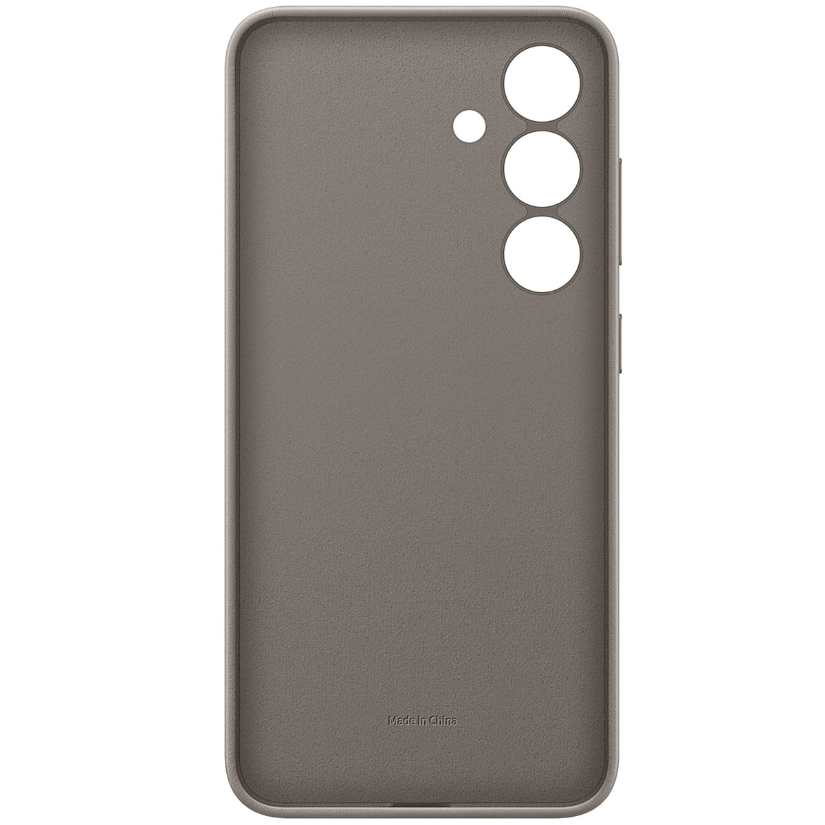 Een telefoonhoesje met een grijze afwerking, met camera-uitsparingen en de tekst 'Made in China'.