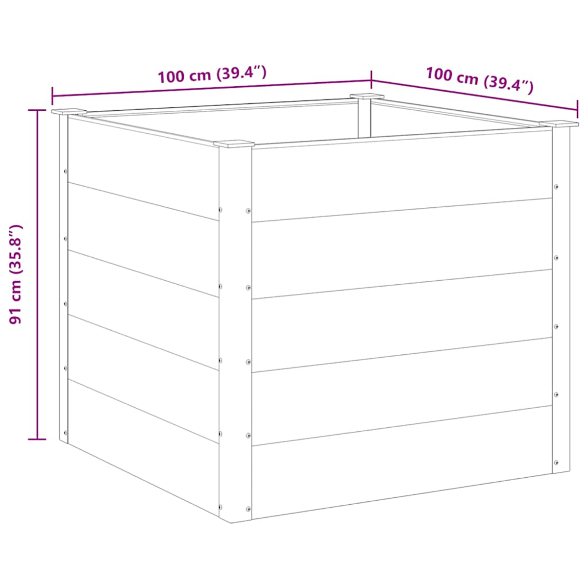Ein quadratischer Holzpflanzer, mit Abmessungen in Zentimetern und Zoll beschriftet.