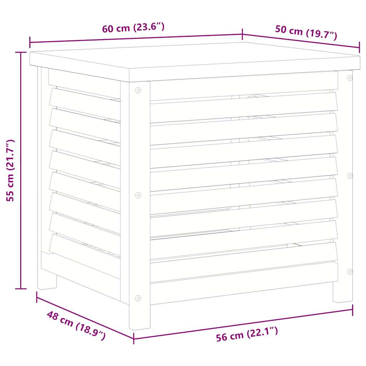 Eine quadratische Holz-Aufbewahrungsbox mit beschrifteten Abmessungen.