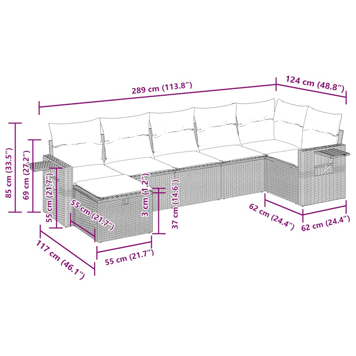 Diagramm eines Rattansofas mit Maßen. Das Sofa ist L-förmig mit weißen Kissen. Maße sind angezeigt.