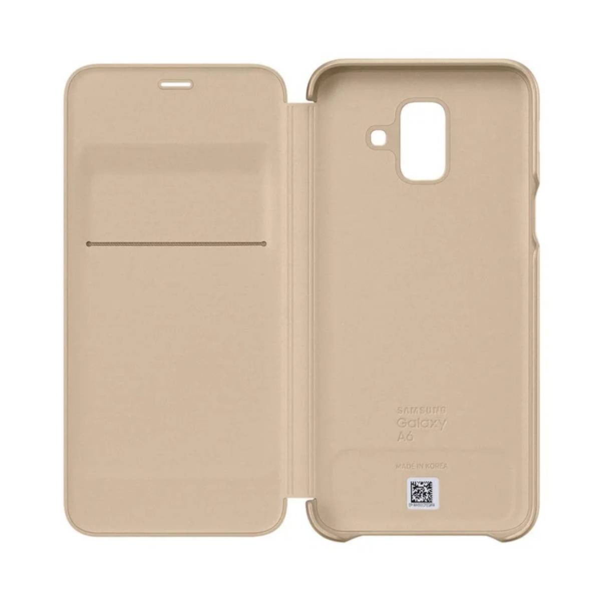 Custodia beige aperta. Interno: fotocamera e testo 'Samsung Galaxy A6'.