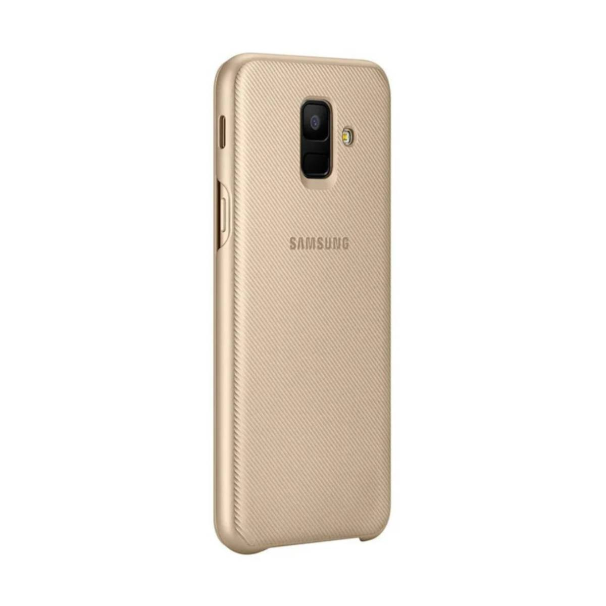 Custodia dorata per Samsung. Retro con motivo testurizzato e foro fotocamera visibile.