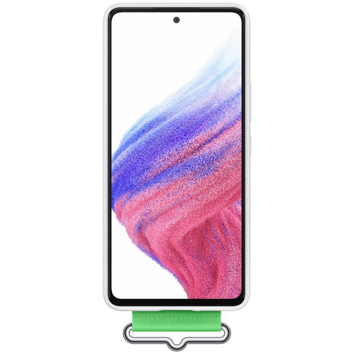 Smartphone mit weißem Case und grünem Band. Der Bildschirm zeigt bunten abstrakten Hintergrund.