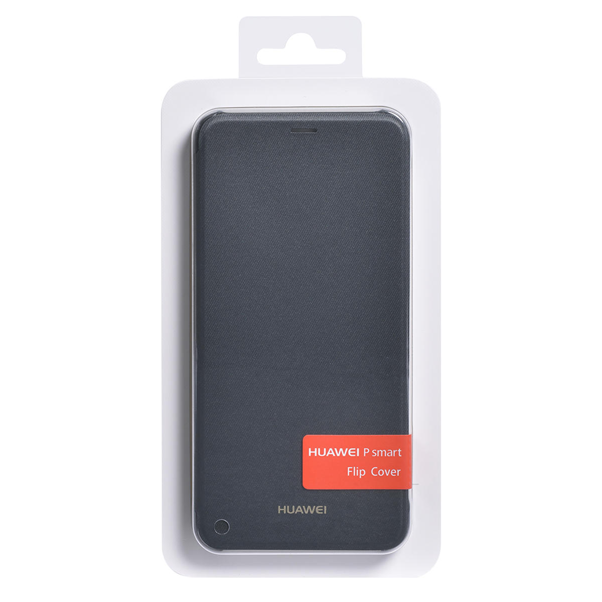 Eine Handyhülle ist in einer Verpackung. Sie ist dunkelgrau und hat das Wort Huawei darauf.