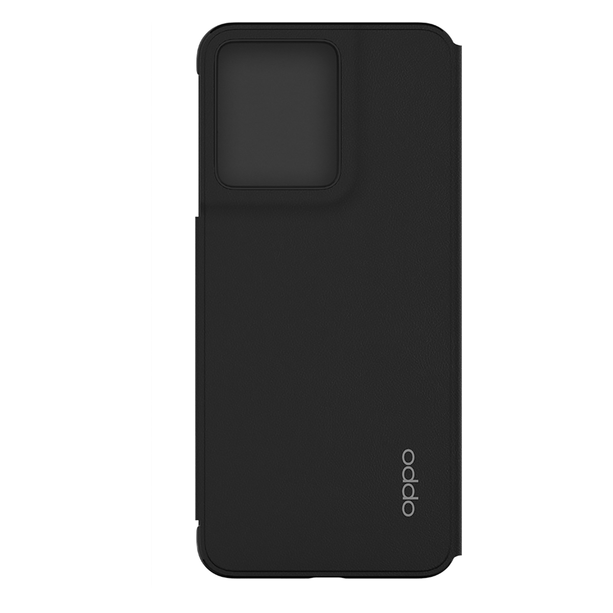 Eine schwarze Handyhülle mit OPPO-Logo. Es hat einen Kameraausschnitt und ist geschlossen.