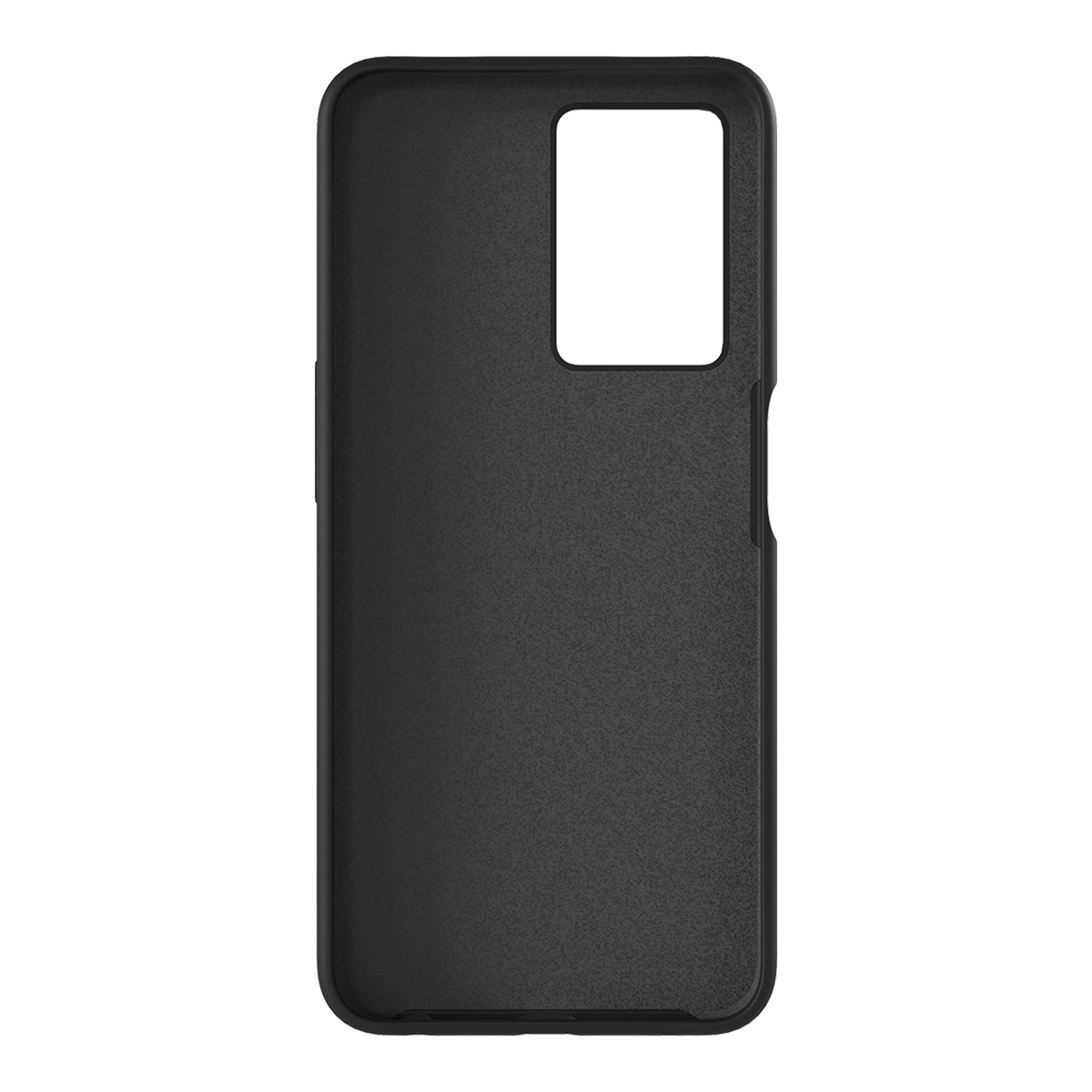 Una custodia per telefono nera con ritaglio per fotocamera, superficie piana. Progettata per telefono Oppo.