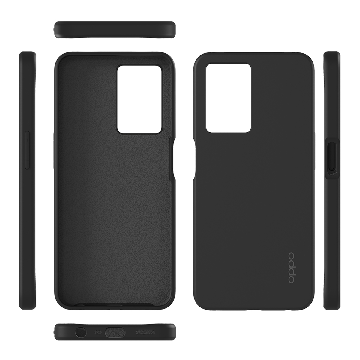 Una custodia nera per telefono con diverse viste. La custodia ha un design semplice e il logo Oppo.