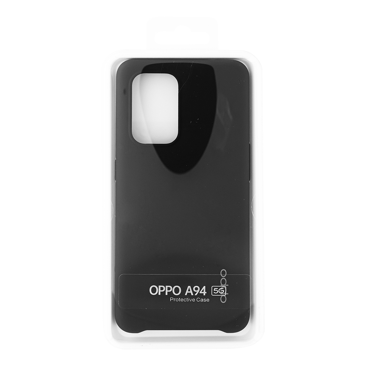 Una custodia per telefono nera in una confezione di plastica trasparente, con il marchio 'OPPO A94 5G'.