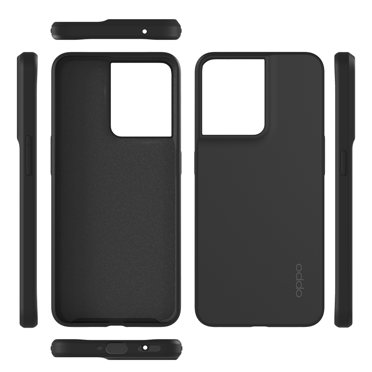 Des coques de téléphone noires, avec des découpes pour l'appareil photo et le mot oppo.