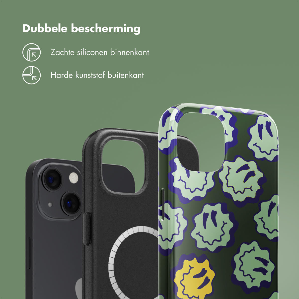 Trois coques de téléphone avec différents designs. L'une a des émoticônes, une autre un design noir et une est un téléphone.