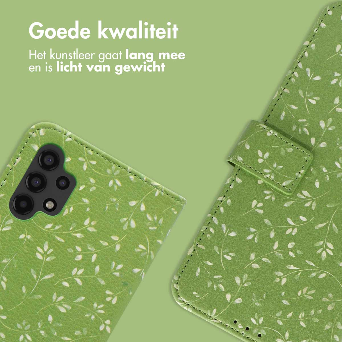 Coque de téléphone verte avec motif de feuilles blanches. La coque est ouverte, montrant l'écran du téléphone, sur une surface verte.