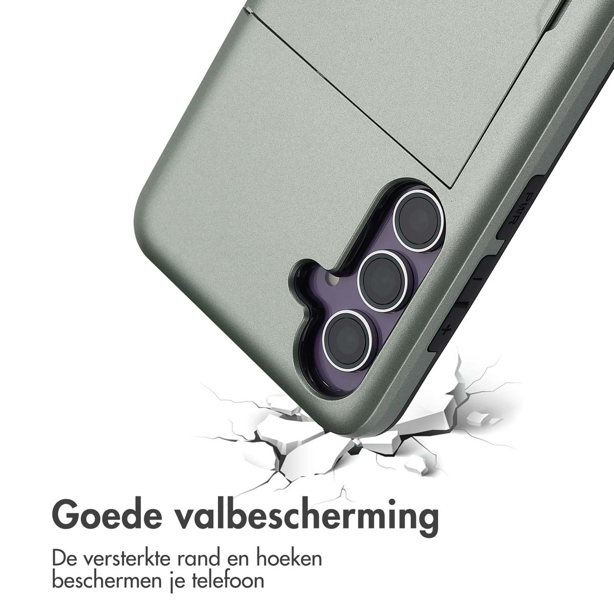 Een telefoonhoesje breekt een oppervlak. Tekst: goede valbescherming, versterkte randen en hoeken beschermen.