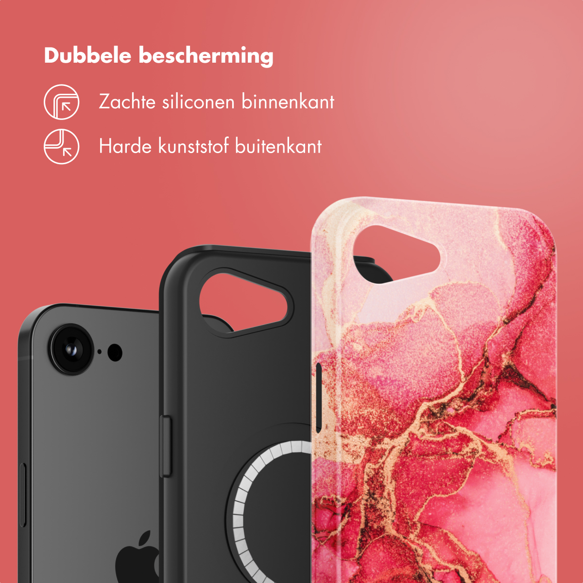 Tre custodie per telefono con un telefono. Una custodia è nera, una trasparente e una in marmo rosa, il tutto su sfondo rosso.