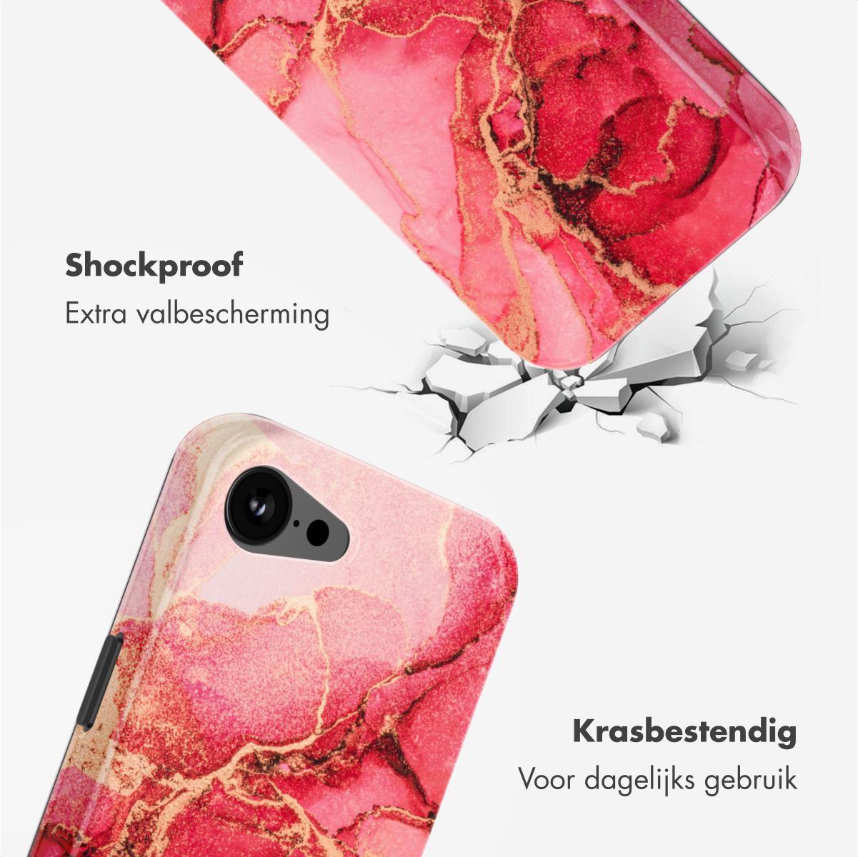 Una custodia per telefono con un design in marmo rosa e oro, con un telefono sullo sfondo.