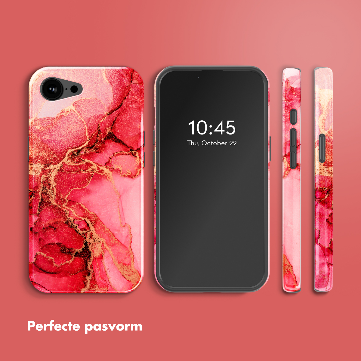 Tre custodie per telefono con un telefono al centro. Tutte le custodie hanno un design in marmo rosa e oro su sfondo rosso.