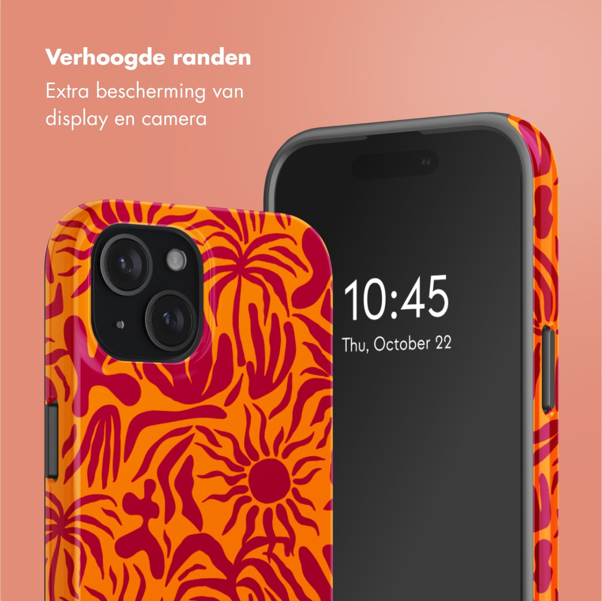 Two phones with cases. One has a orange and red floral design, the other a plain black screen with time.