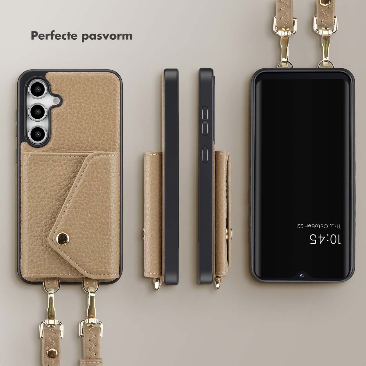 Tre telefoni con custodie in fila. Le custodie sono simili alla pelle con un cinturino. L'ora viene visualizzata sul telefono.