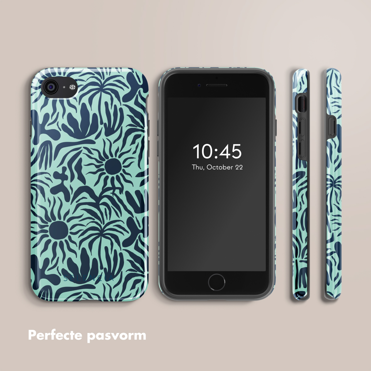 Een telefoon met een blauw en groen bloemenontwerp hoesje wordt getoond met een telefoon en zijaanzichten.