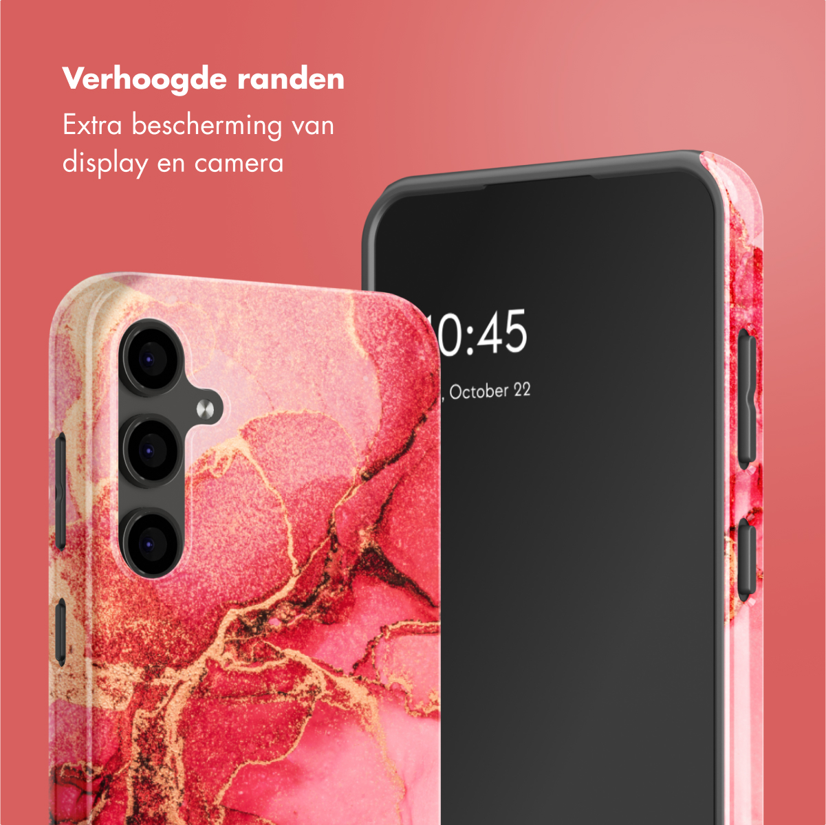 Een telefoonhoesje met een rood en goud marmerontwerp staat naast een telefoon met 10:45, 22 oktober.