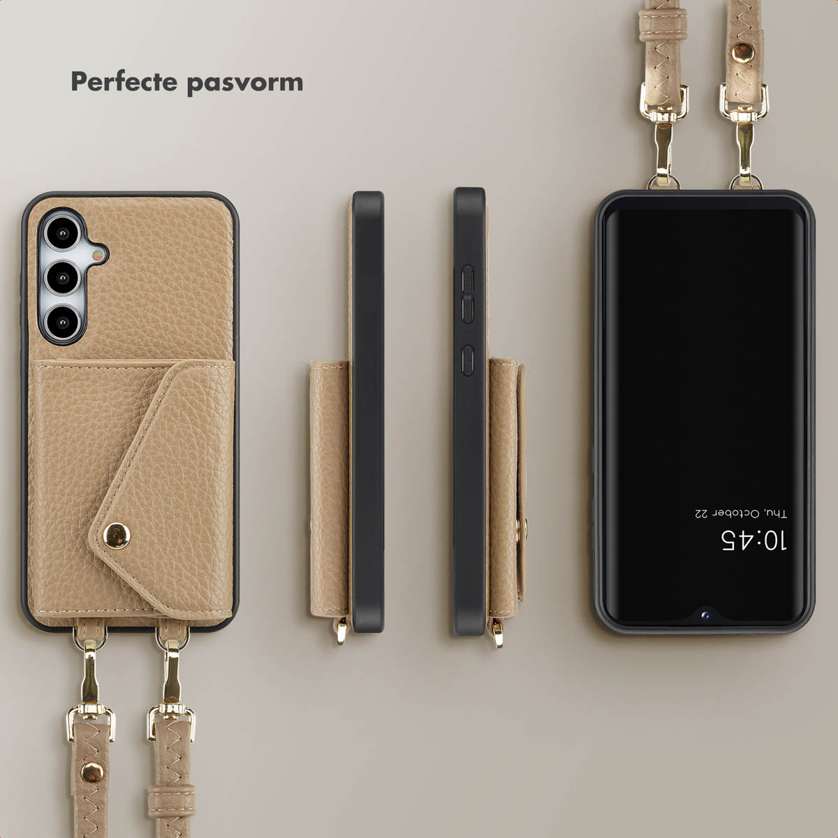 Trois téléphones avec des étuis en cuir beige avec des sangles. Un téléphone affiche 10h45 à l'écran.
