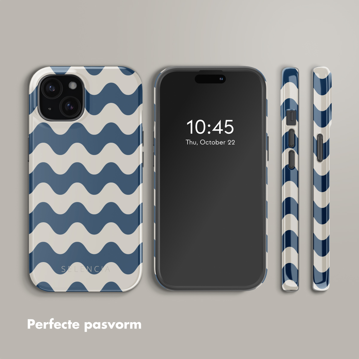 A phone and its case are shown. The phone has a blue and white wavy pattern, displaying 10:45, Oct 22.