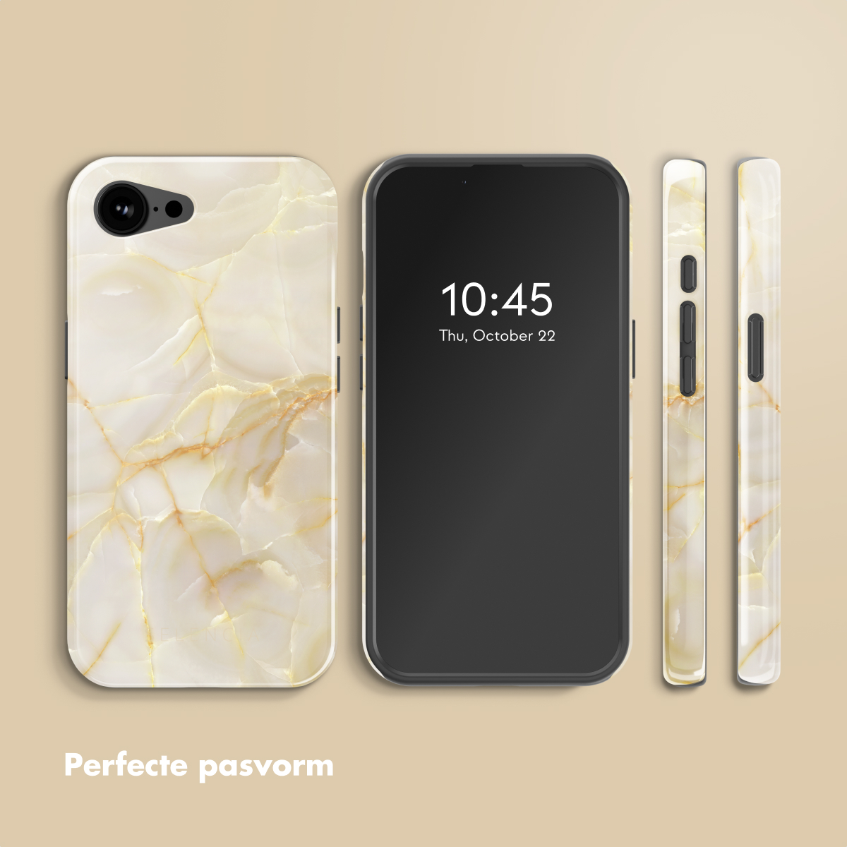 Telefono con custodia a design marmo crema, mostra 10:45, 22 ottobre e due custodie abbinate.