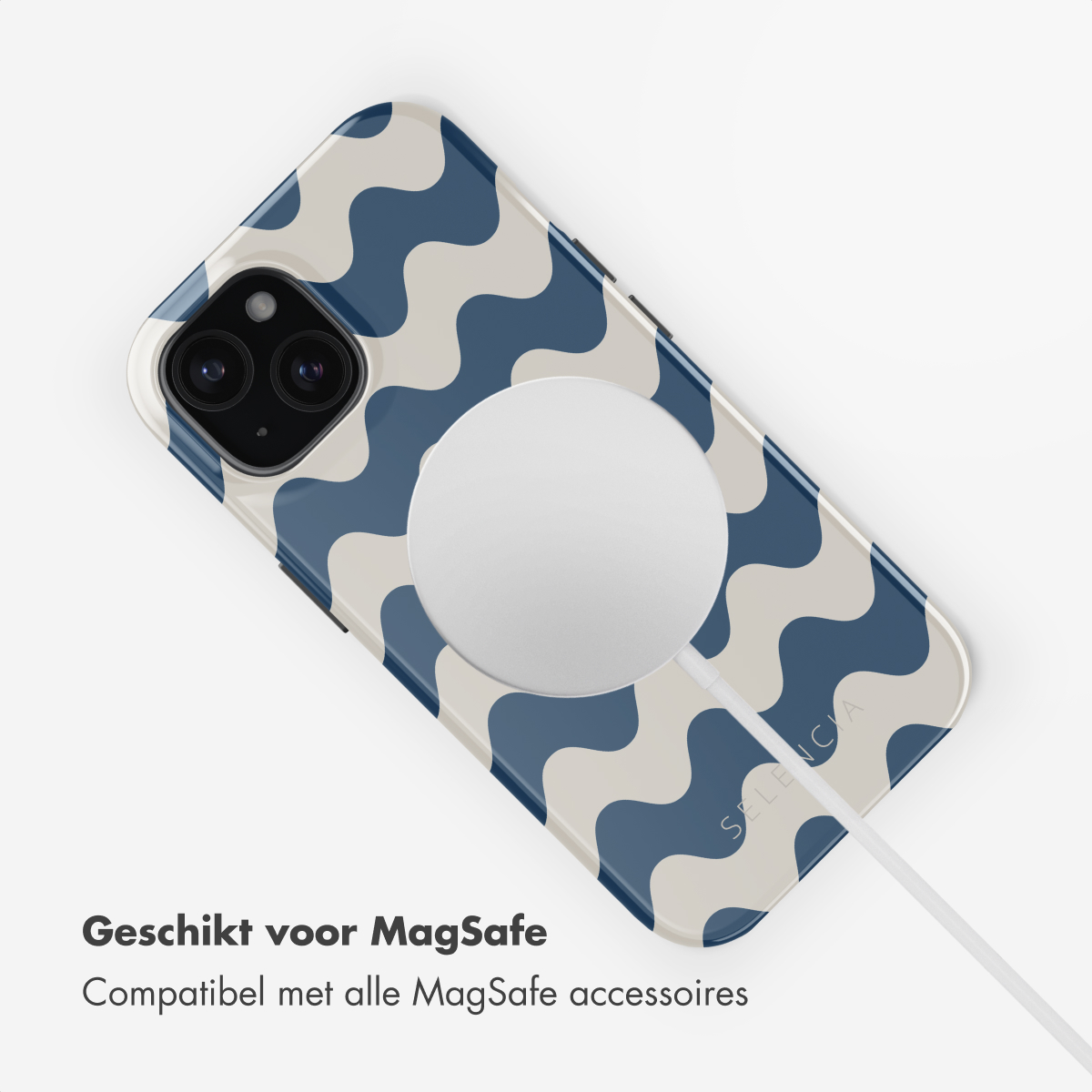 A phone with a blue and white wavy case is shown with a MagSafe charger attached. Text says, 'MagSafe'.