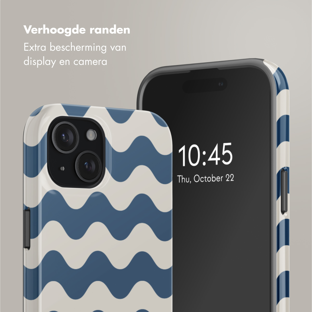 Phone with a blue and white wavy pattern case, showing 10:45, October 22.