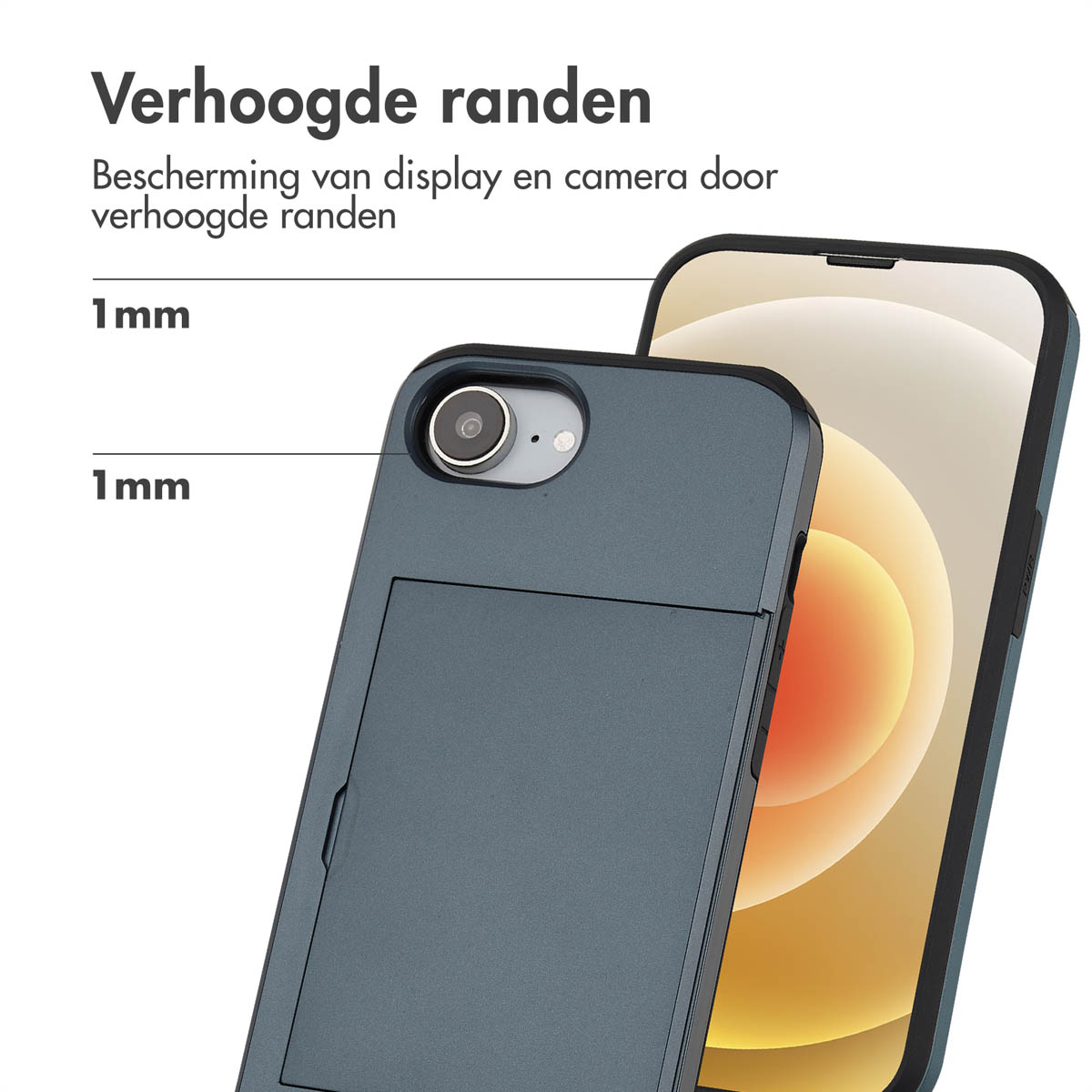 Telefoon in een blauw hoesje met een zwart frame. Het hoesje heeft een kaartsleuf en een 1mm verhoogde rand.