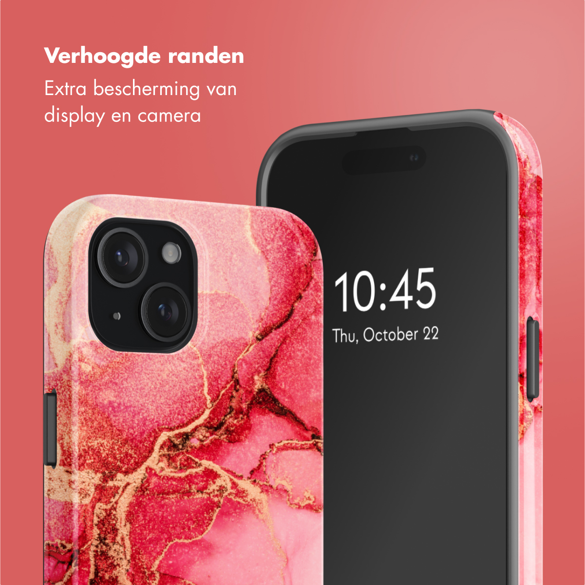 Phone with a red and gold marble design case. Another phone to the right with a black screen.