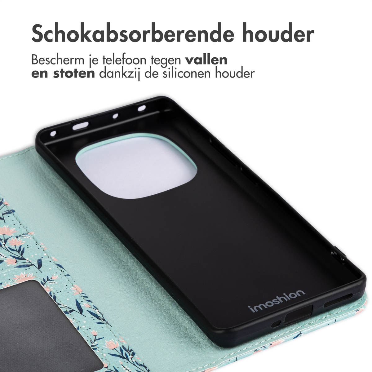 Zwarte telefoonhoes open. Binnenkant, een bloemmotief op een blauwgroene achtergrond. Witte achtergrond.