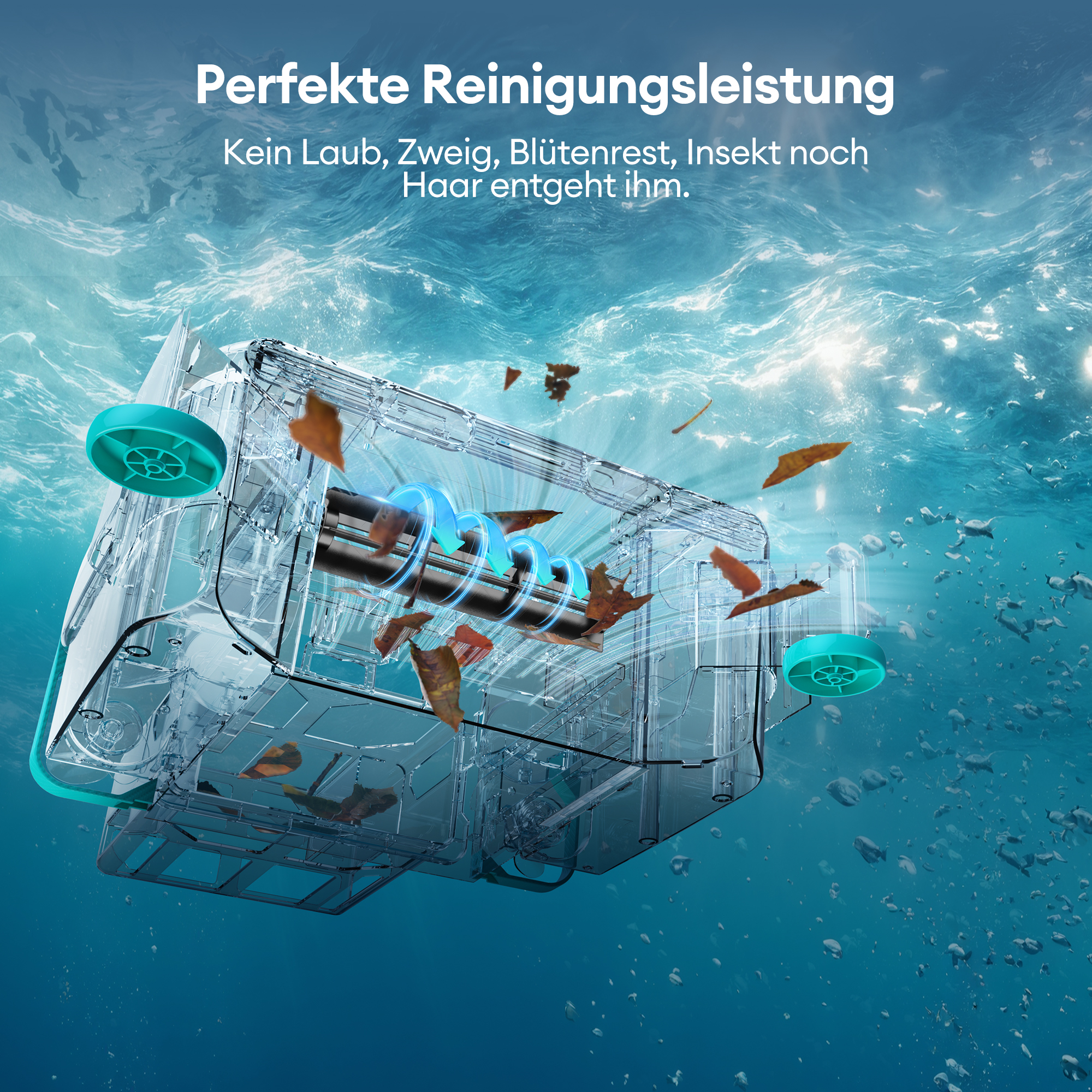 Klares Gerät unter Wasser, Schmutz schwimmt. Türkis- und blaues Wasser.