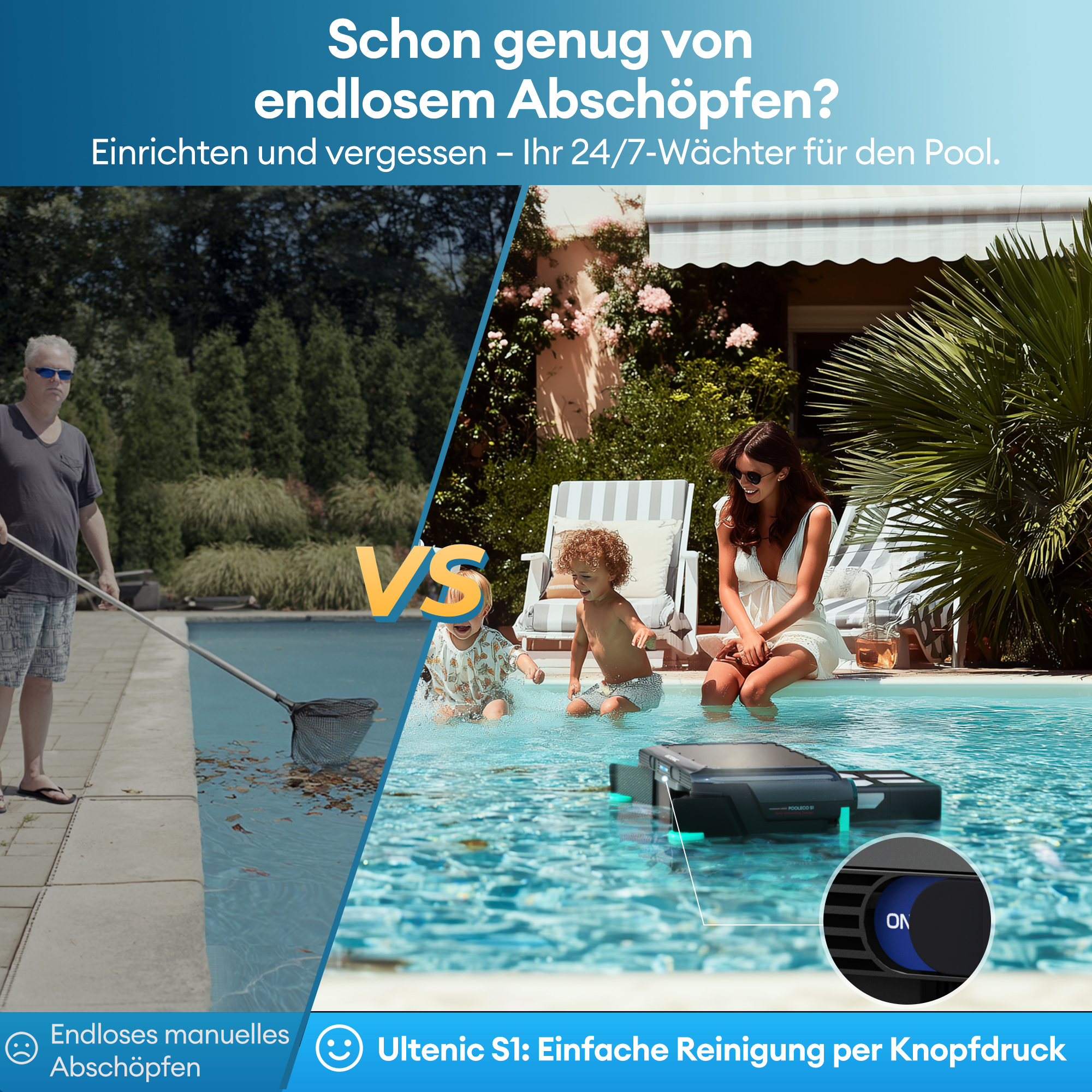 Ein Mann entfernt mit einem Netz Schmutz aus einem Pool. Ein Roboterreiniger ist im Pool. Text darüber.